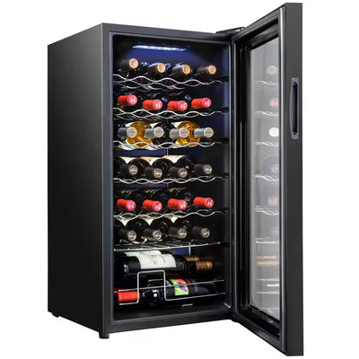 28-Bottle Wine Cooler, Large Cellar Cooling Unit in Black, Freestanding Wine Fridge with Lock | Fridge.com