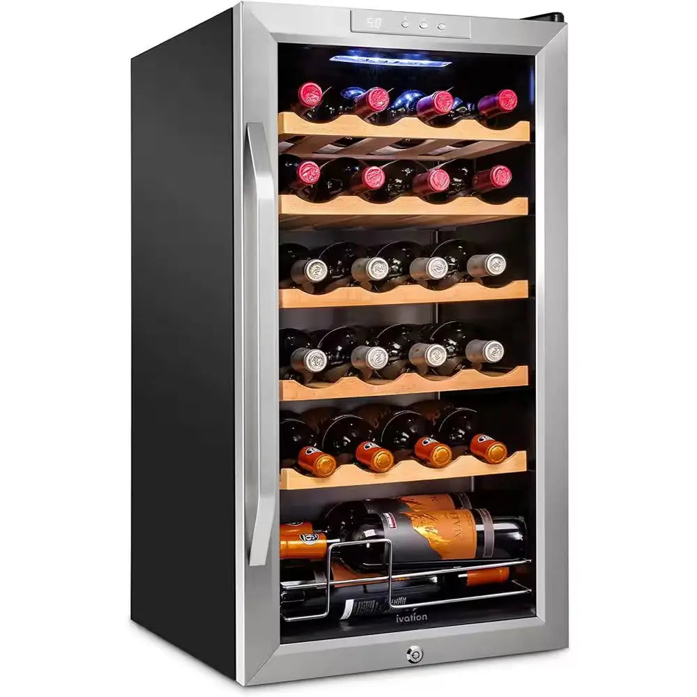 28-Bottle Wine Cooler, Large Cellar Cooling Unit in Black, Freestanding Wine Fridge with Lock | Fridge.com