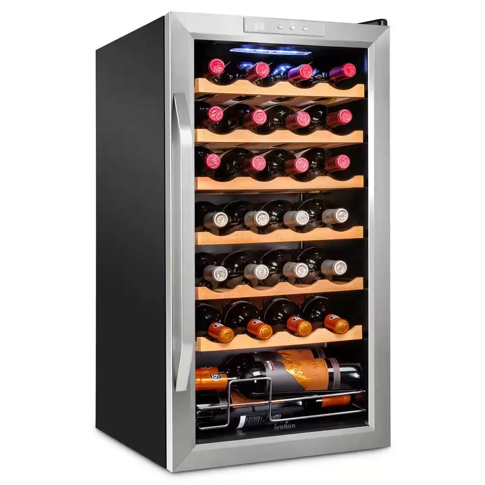 28-Bottle Wine Cooler, Large Cellar Cooling Unit in Black, Freestanding Wine Fridge with Lock | Fridge.com