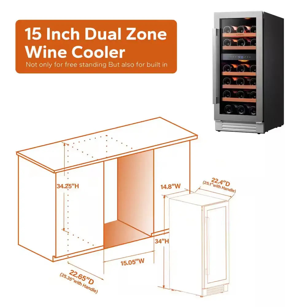 3.0 Cu.Ft 15" Dual Zone 28-Bottles Built-In Wine Cooler Refrigerator Fast Cooling Compressor Fridge 5 Removable Shelves | Fridge.com