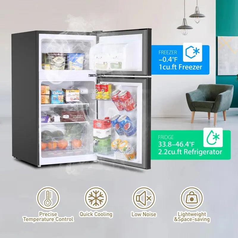 3.0 Cu.Ft Compact Refrigerator with Freezer, 2 Door Mini Fridge with 2 Rolling Wheels 37Db Quiet, Led Lights, 7- Settings Mechanical Thermostat, Reversible Doors and Removable Shelf, E-Star Rated Small Refrigerator for Office, Dorm, Bedroom or Garage | Fridge.com