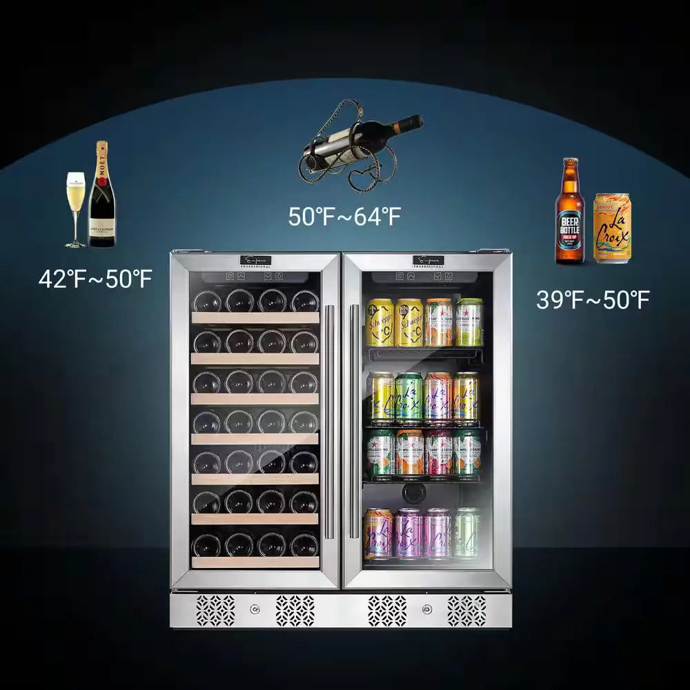 30 In. Dual Zone 6.3 Cu. Ft. Capacity 33-Bottle Wine Cooler and 96-Can Beverage Cooler Refrigerator in Stainless Steel | Fridge.com