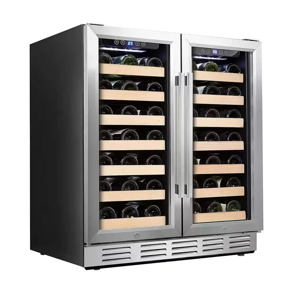 30 In. Wine Cooler 66 Bottle Dual Zone Built-In and Freestanding with Stainless Steel and Glass French-Door Style | Fridge.com