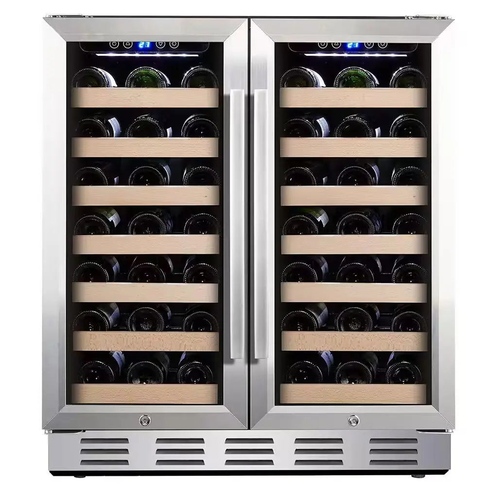 30 In. Wine Cooler 66 Bottle Dual Zone Built-In and Freestanding with Stainless Steel and Glass French-Door Style | Fridge.com