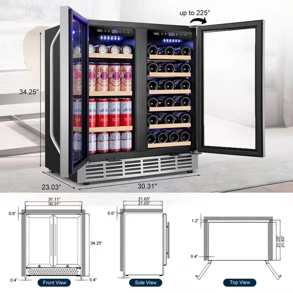 30 In.Dual Zone 33-Wine Bottles and 80-Can Built-In and Freestanding with French Door Beverage Cooler in Stainless Steel | Fridge.com