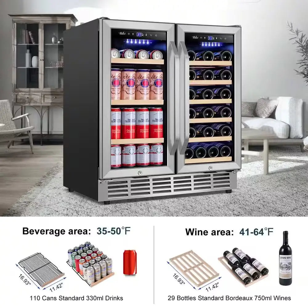 30 In.Dual Zone 33-Wine Bottles and 80-Can Built-In and Freestanding with French Door Beverage Cooler in Stainless Steel | Fridge.com