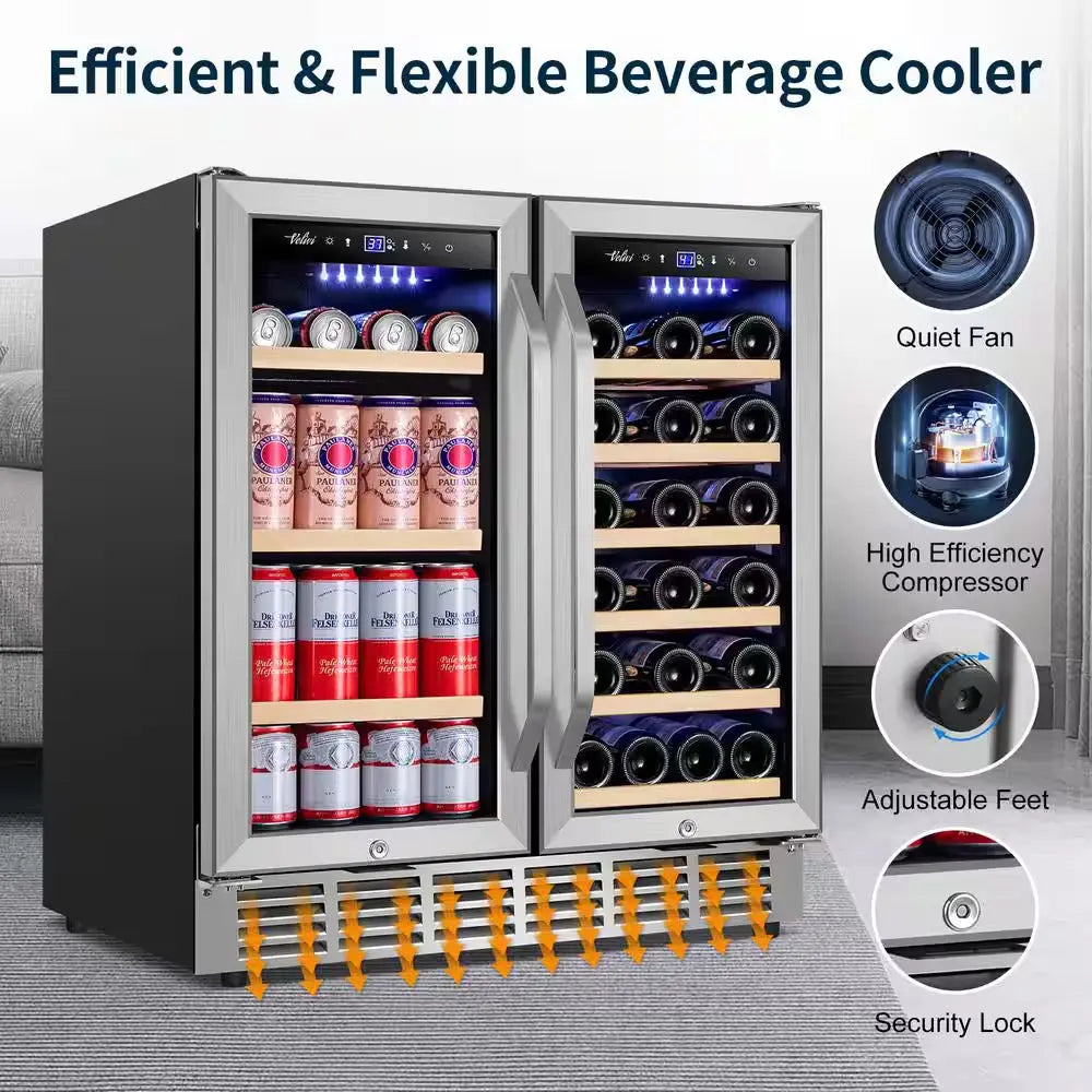 30 In.Dual Zone 33-Wine Bottles and 80-Can Built-In and Freestanding with French Door Beverage Cooler in Stainless Steel | Fridge.com