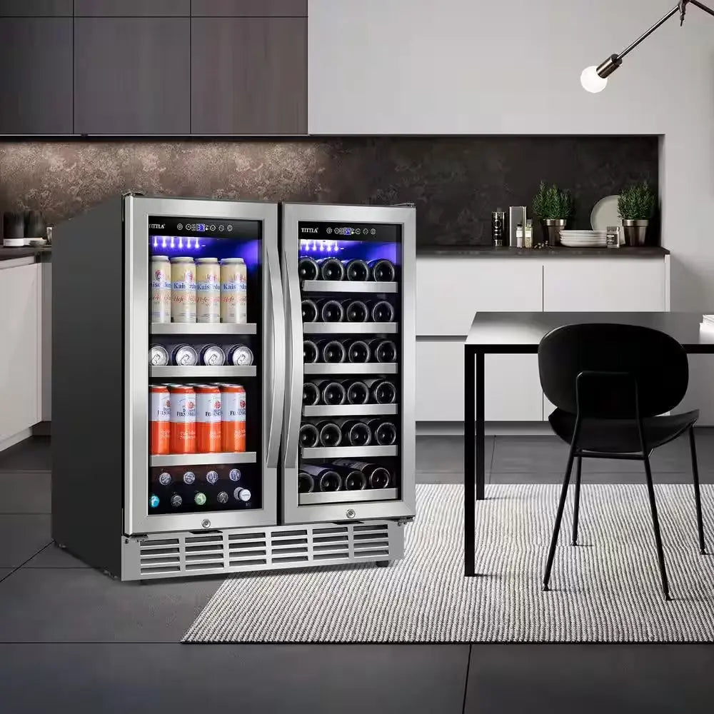 30.31 In. Dual Zone 33-Wine Bottles and 80-Cans Beverage, Wine Cooler in Silver Shutter Shape Front Heat Vent Blue Leds | Fridge.com