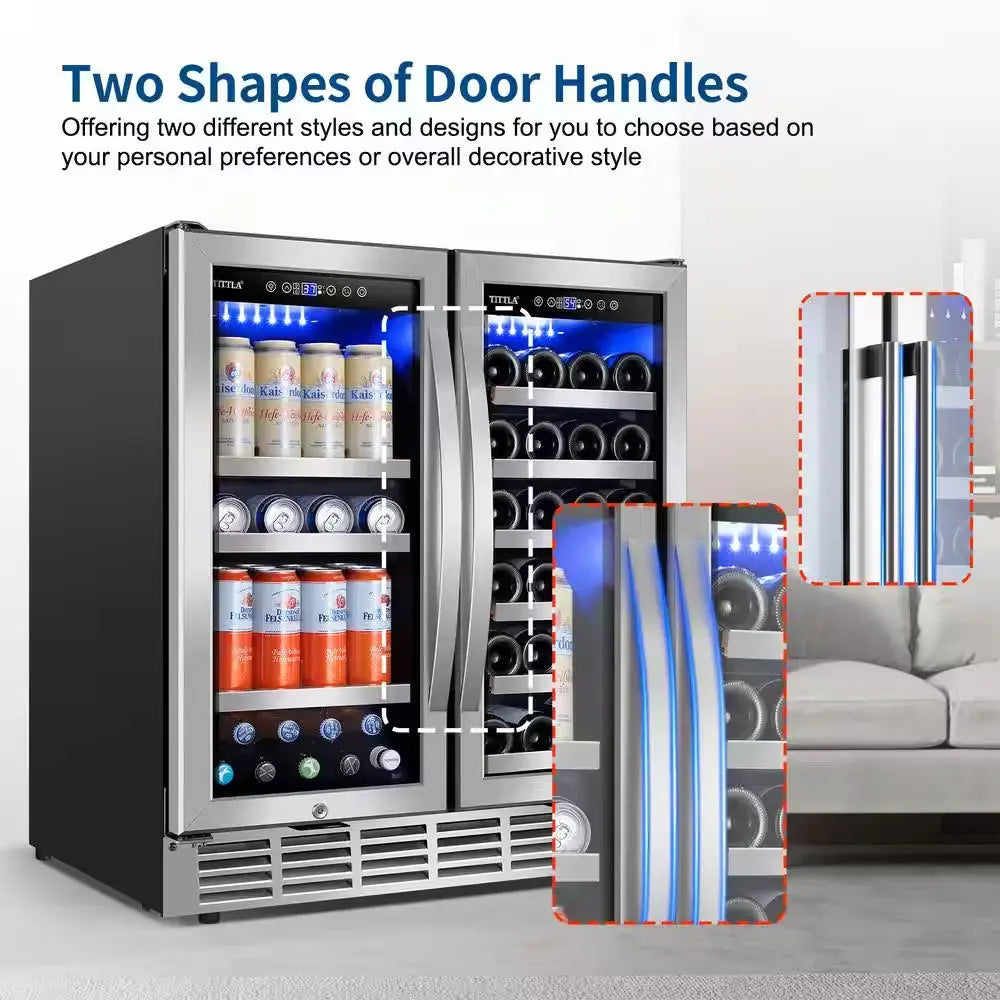 30.31 In. Dual Zone 33-Wine Bottles and 80-Cans Beverage, Wine Cooler in Silver Shutter Shape Front Heat Vent Blue Leds | Fridge.com