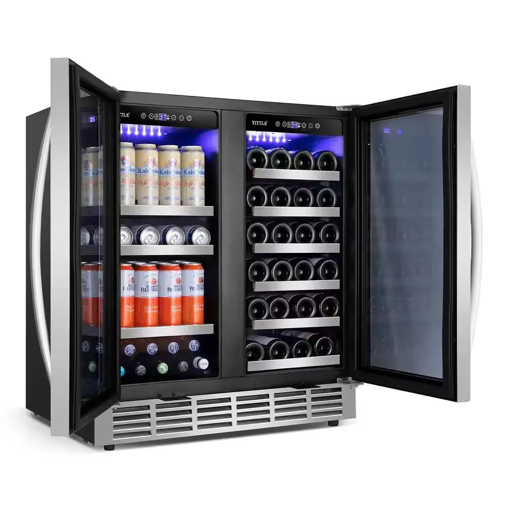 30.31 In. Dual Zone 33-Wine Bottles and 80-Cans Beverage, Wine Cooler in Silver Shutter Shape Front Heat Vent Blue Leds | Fridge.com