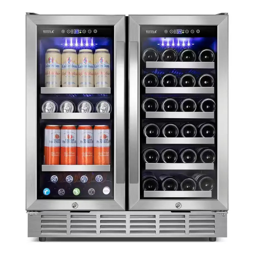 30.31 In. Dual Zone 33-Wine Bottles and 80-Cans Beverage, Wine Cooler in Silver Shutter Shape Front Heat Vent Blue Leds | Fridge.com