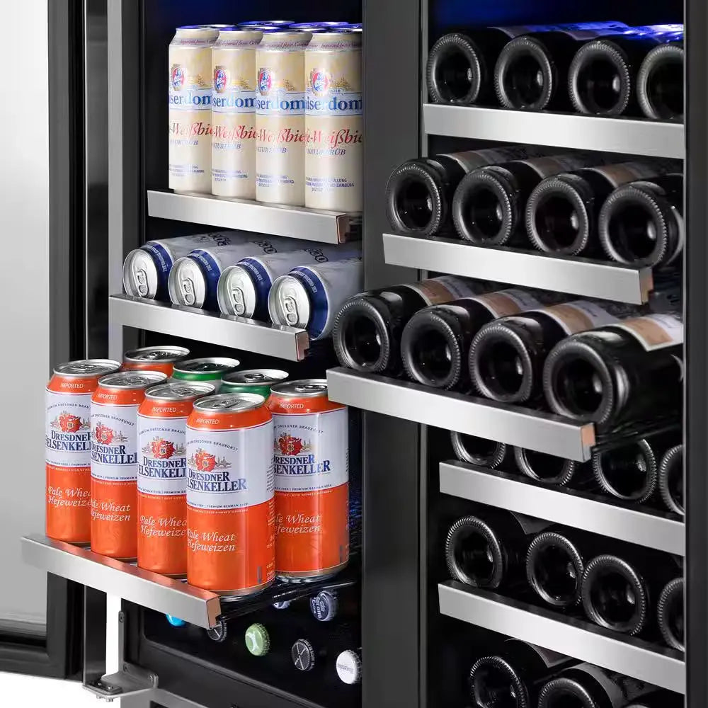 30.31 In. Dual Zone 33-Wine Bottles and 80-Cans Beverage, Wine Cooler in Silver Shutter Shape Front Heat Vent Blue Leds | Fridge.com