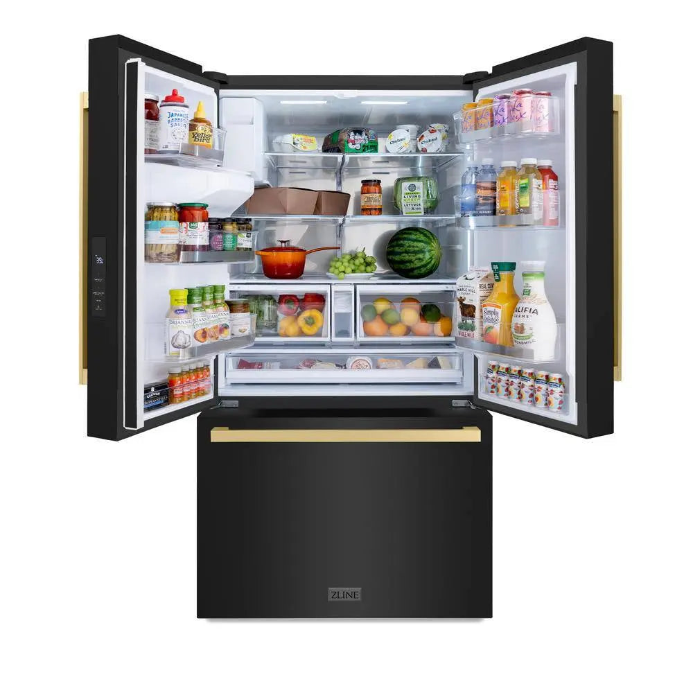 36 In. 3-Door French Door Refrigerator with Dual Ice Maker in Black Stainless Steel & Square Champagne Bronze Handles | Fridge.com