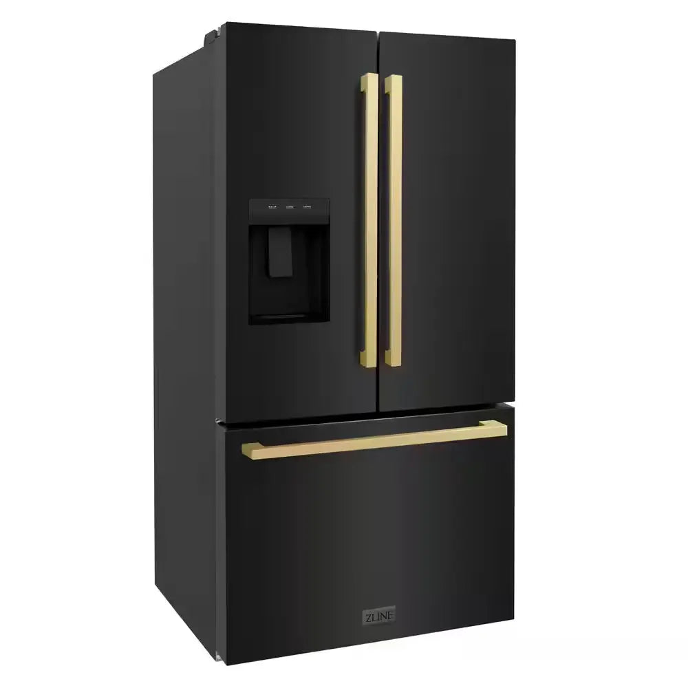 36 In. 3-Door French Door Refrigerator with Dual Ice Maker in Black Stainless Steel & Square Champagne Bronze Handles | Fridge.com