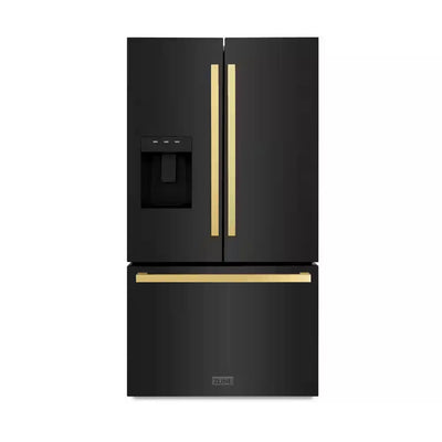 36 In. 3-Door French Door Refrigerator with Dual Ice Maker in Black Stainless Steel & Square Polished Gold Handles | Fridge.com