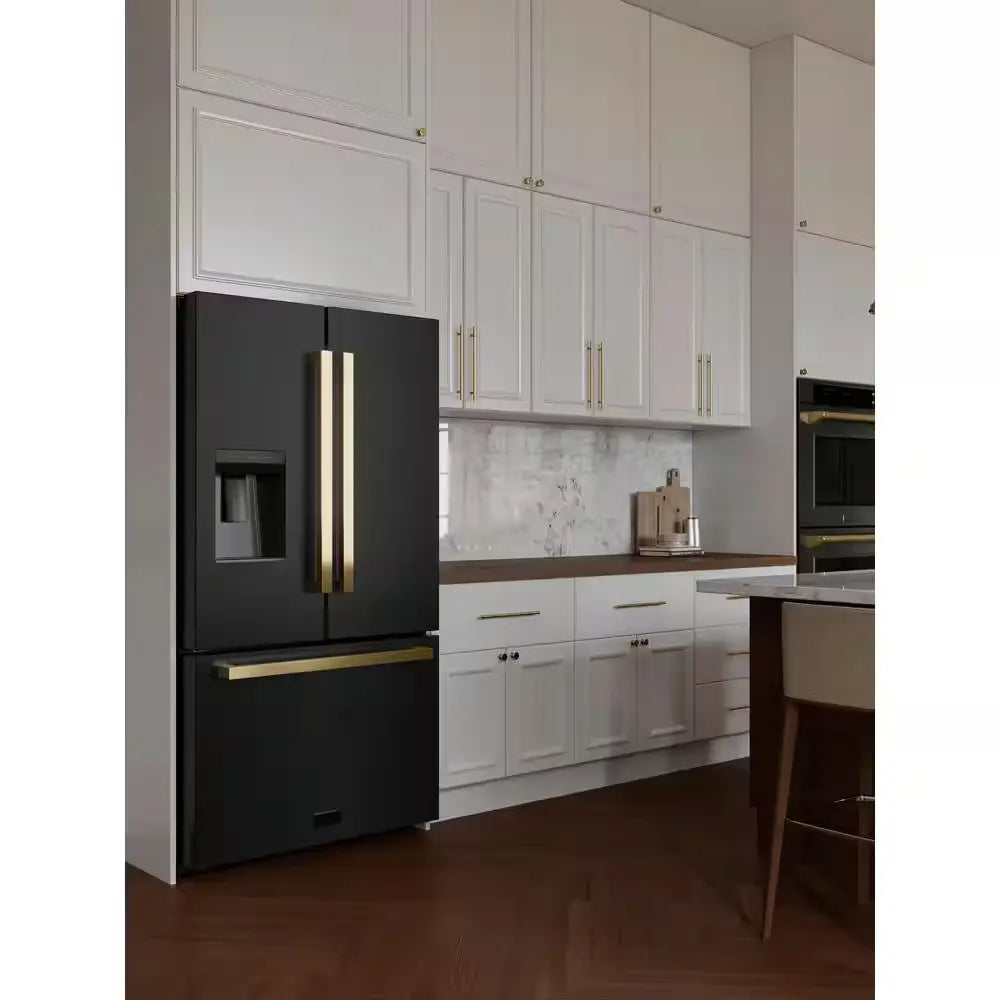 36 In. 3-Door French Door Refrigerator with Dual Ice Maker in Black Stainless Steel & Square Polished Gold Handles | Fridge.com