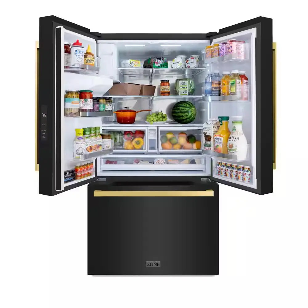 36 In. 3-Door French Door Refrigerator with Dual Ice Maker in Black Stainless Steel & Square Polished Gold Handles | Fridge.com