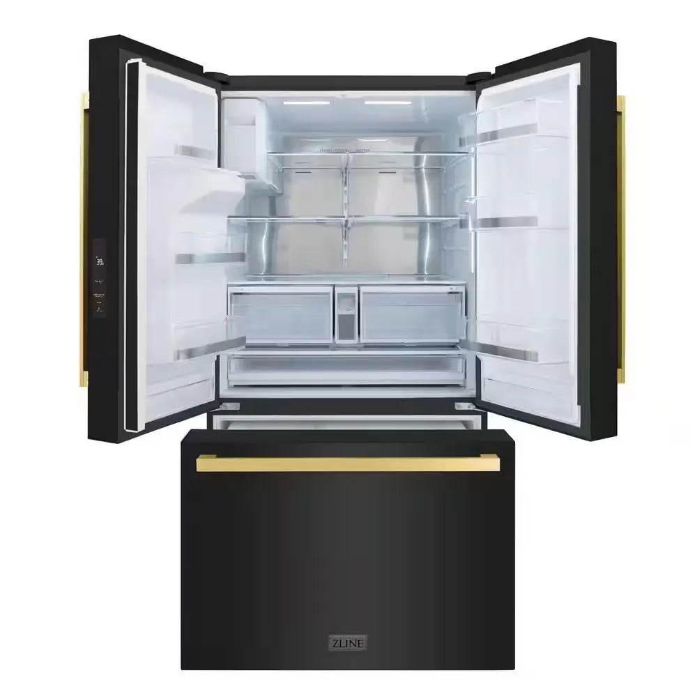 36 In. 3-Door French Door Refrigerator with Dual Ice Maker in Black Stainless Steel & Square Polished Gold Handles | Fridge.com