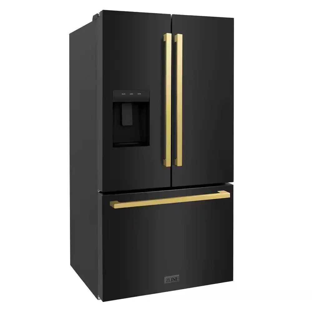 36 In. 3-Door French Door Refrigerator with Dual Ice Maker in Black Stainless Steel & Square Polished Gold Handles | Fridge.com