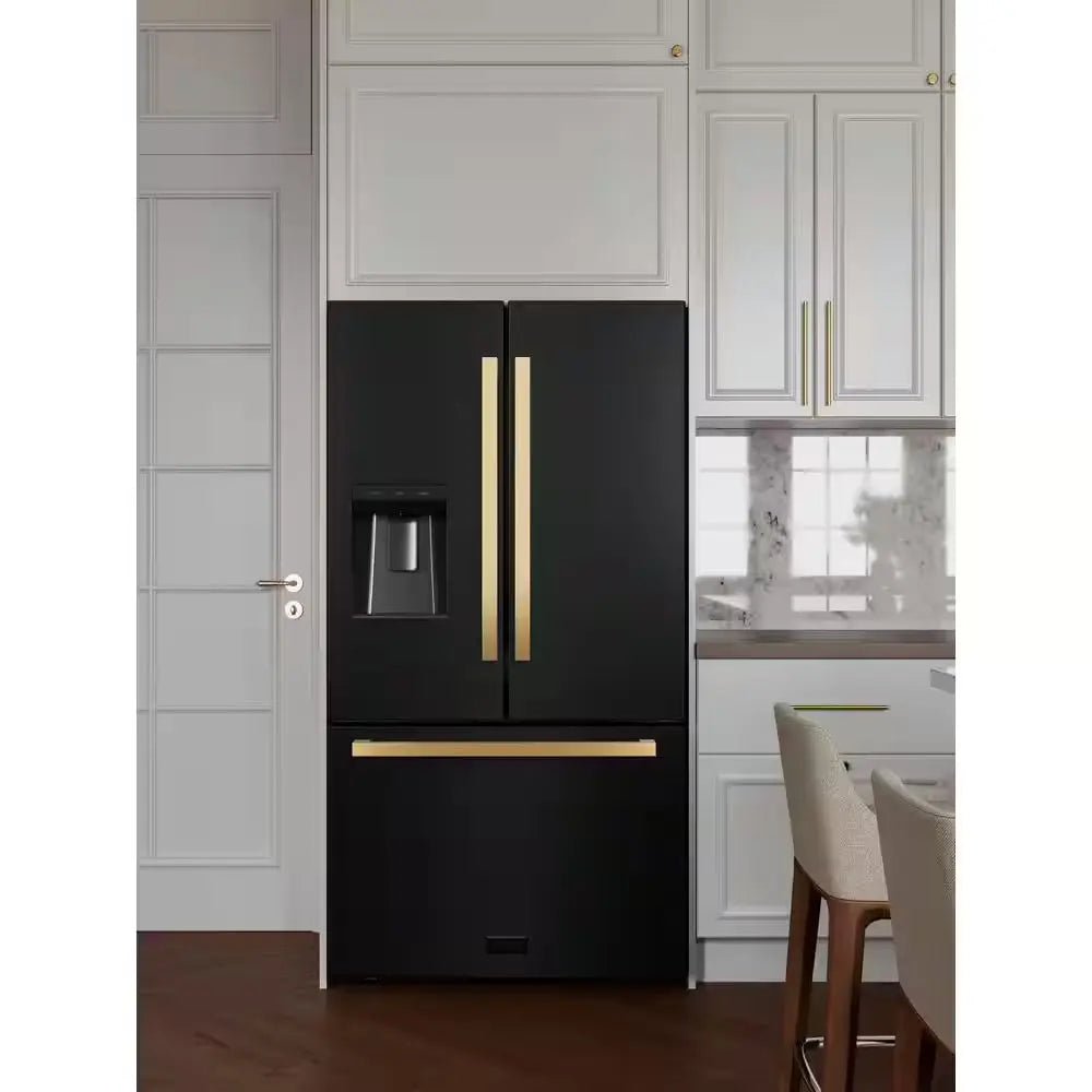 36 In. 3-Door French Door Refrigerator with Dual Ice Maker in Black Stainless Steel & Square Polished Gold Handles | Fridge.com