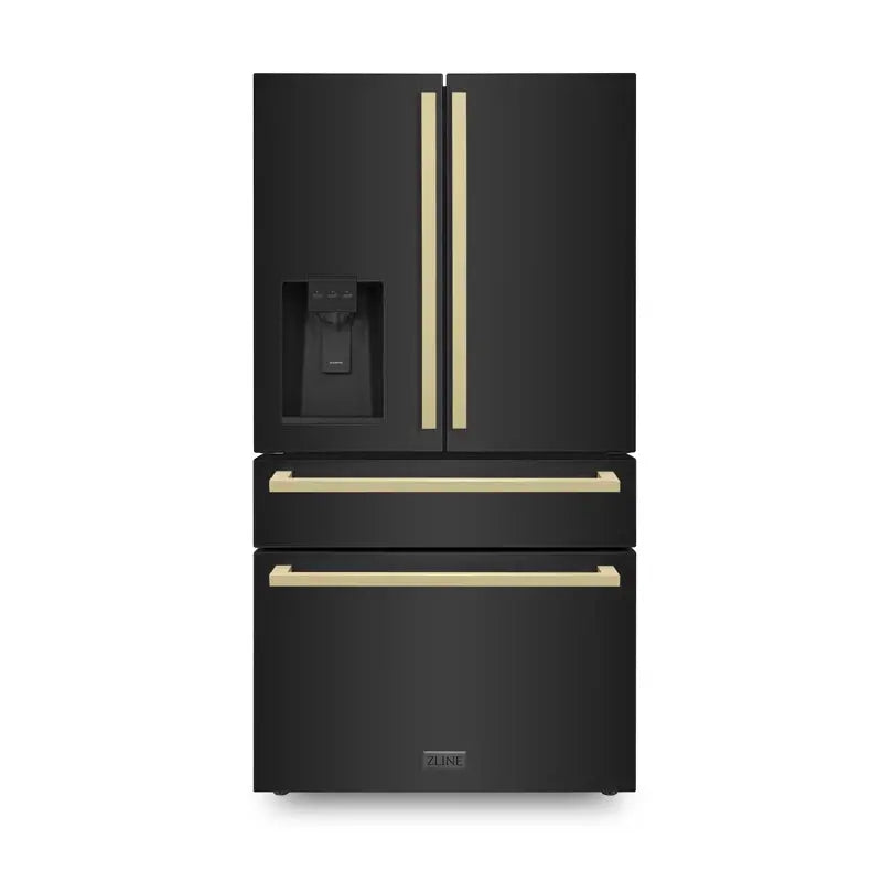 36" Autograph Edition 21.6 Cu. Ft 4-Door French Door Refrigerator with Water and Ice Dispenser in Black Stainless Steel with Champagne Bronze Square Handles | Fridge.com