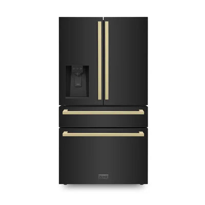 36" Autograph Edition 21.6 Cu. Ft 4-Door French Door Refrigerator with Water and Ice Dispenser in Black Stainless Steel with Champagne Bronze Square Handles | Fridge.com