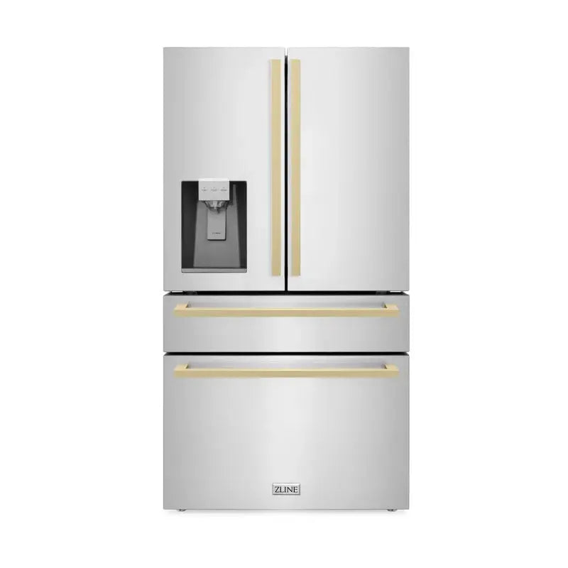 36" Autograph Edition 21.6 Cu. Ft 4-Door French Door Refrigerator with Water and Ice Dispenser in Stainless Steel with Champagne Bronze Square Handles | Fridge.com