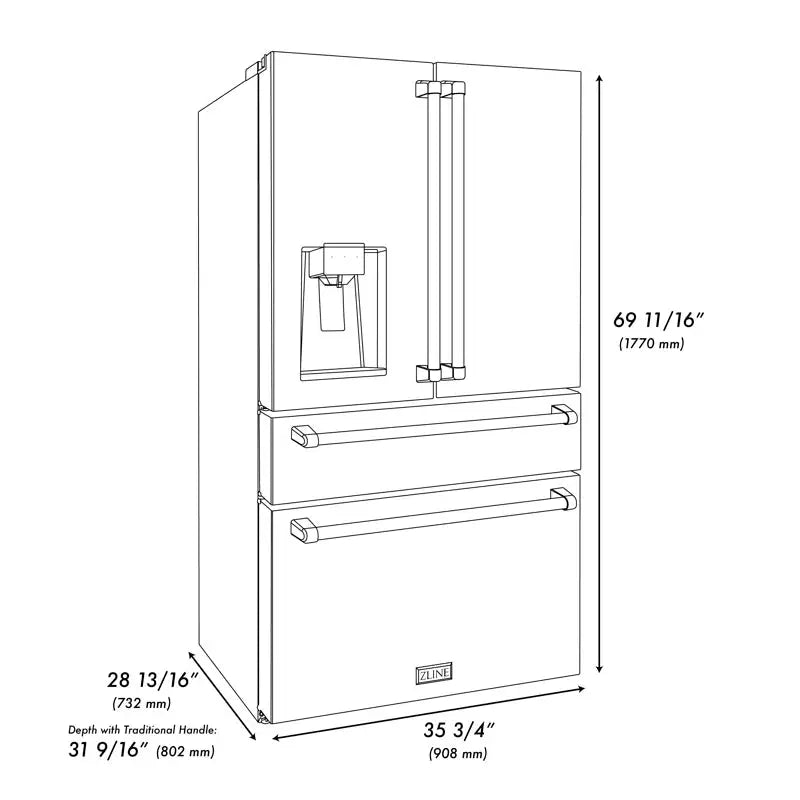 36" Autograph Edition 21.6 Cu. Ft 4-Door French Door Refrigerator with Water and Ice Dispenser in Stainless Steel with Champagne Bronze Square Handles | Fridge.com