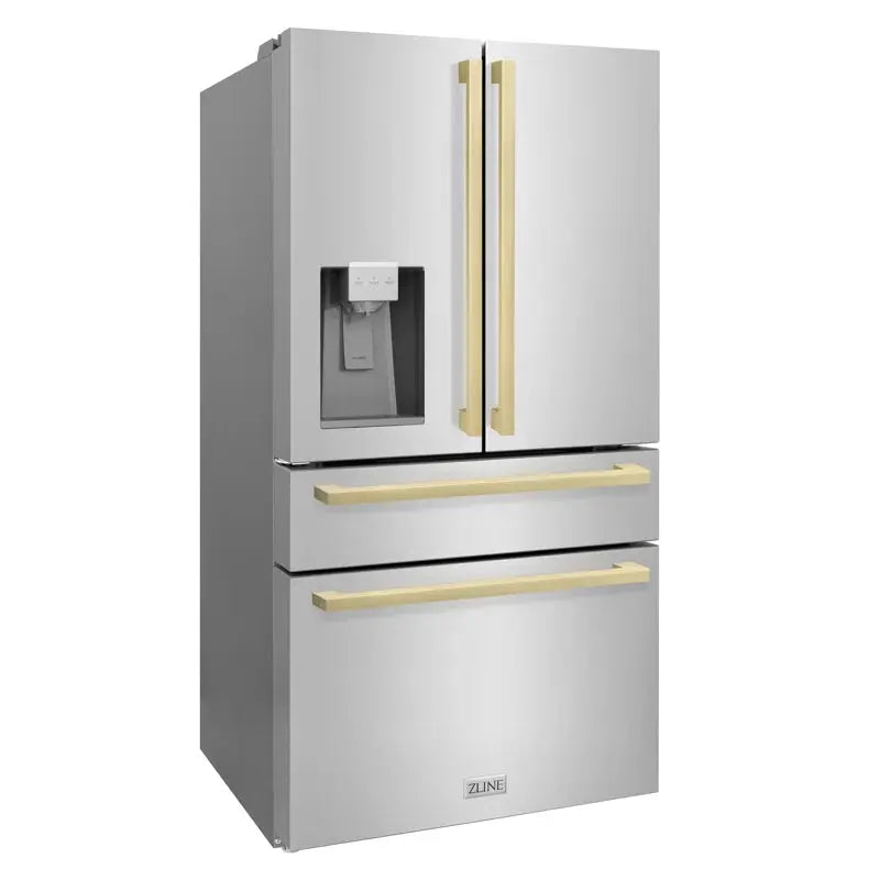 36" Autograph Edition 21.6 Cu. Ft 4-Door French Door Refrigerator with Water and Ice Dispenser in Stainless Steel with Champagne Bronze Square Handles | Fridge.com