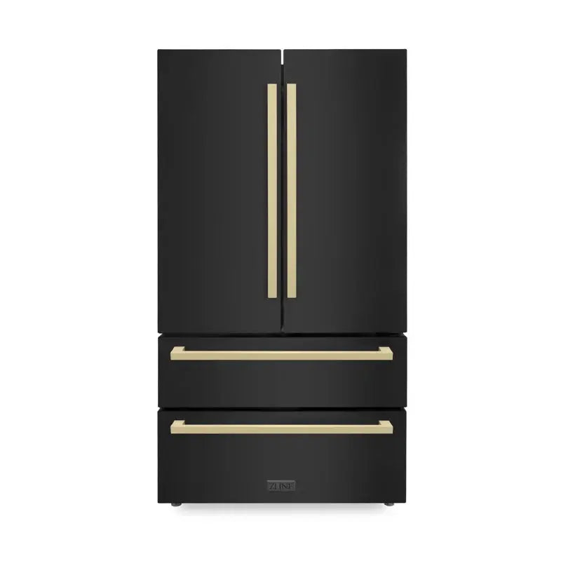 36" Autograph Edition 22.5 Cu. Ft 4-Door French Door Refrigerator with Ice Maker in Black Stainless Steel with Champagne Bronze Square Handles | Fridge.com