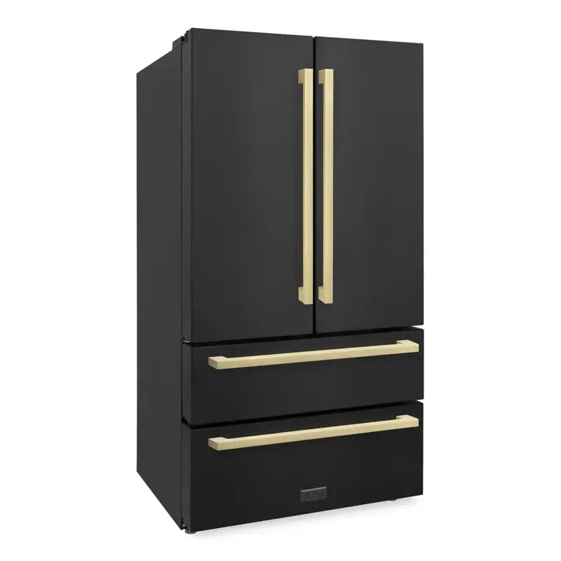 36" Autograph Edition 22.5 Cu. Ft 4-Door French Door Refrigerator with Ice Maker in Black Stainless Steel with Champagne Bronze Square Handles | Fridge.com