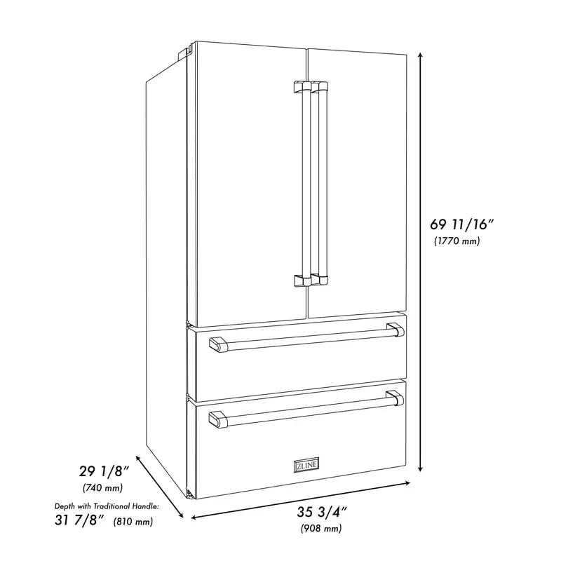 36" Autograph Edition 22.5 Cu. Ft 4-Door French Door Refrigerator with Ice Maker in Black Stainless Steel with Champagne Bronze Square Handles | Fridge.com