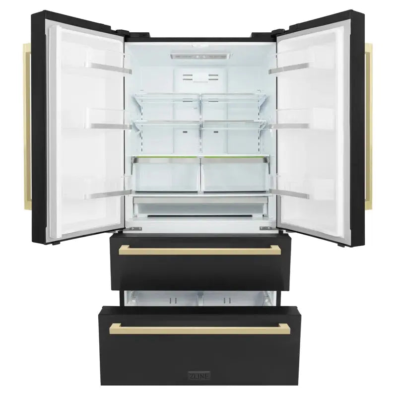 36" Autograph Edition 22.5 Cu. Ft 4-Door French Door Refrigerator with Ice Maker in Black Stainless Steel with Champagne Bronze Square Handles | Fridge.com