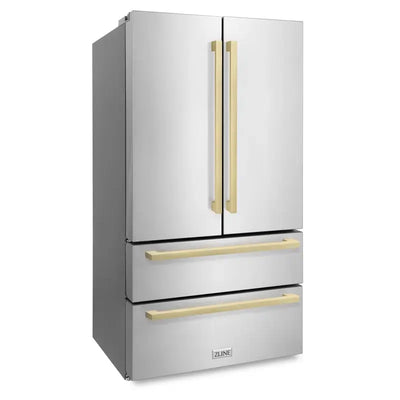 36" Autograph Edition 22.5 Cu. Ft 4-Door French Door Refrigerator with Ice Maker in Stainless Steel with Champagne Bronze Square Handles | Fridge.com