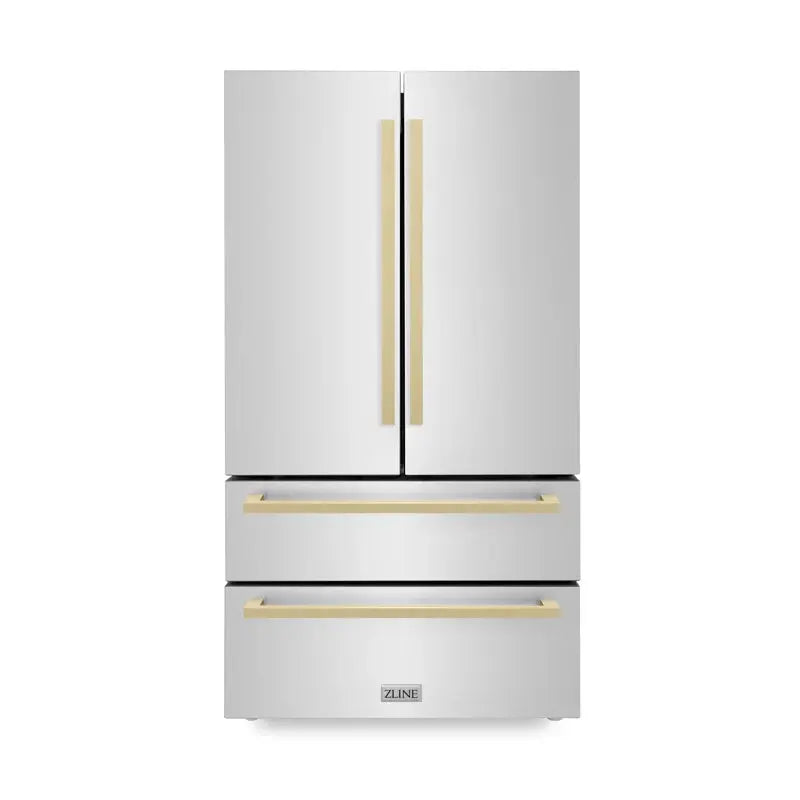 36" Autograph Edition 22.5 Cu. Ft 4-Door French Door Refrigerator with Ice Maker in Stainless Steel with Champagne Bronze Square Handles | Fridge.com