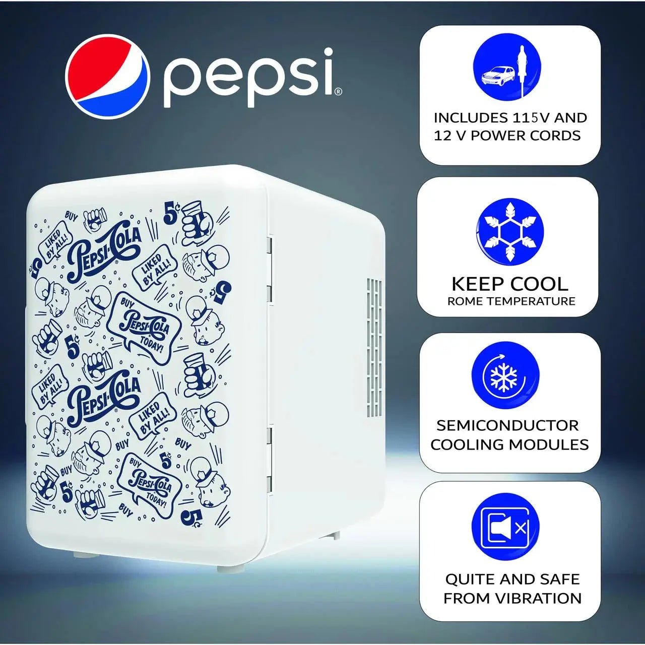 Pepsi, MIS150 6 Can / 4 Liters Mini Personal Fridge Cooler, up to 20° F with 12V Car Adaptor, Thermoelectric Cooling System | Fridge.com