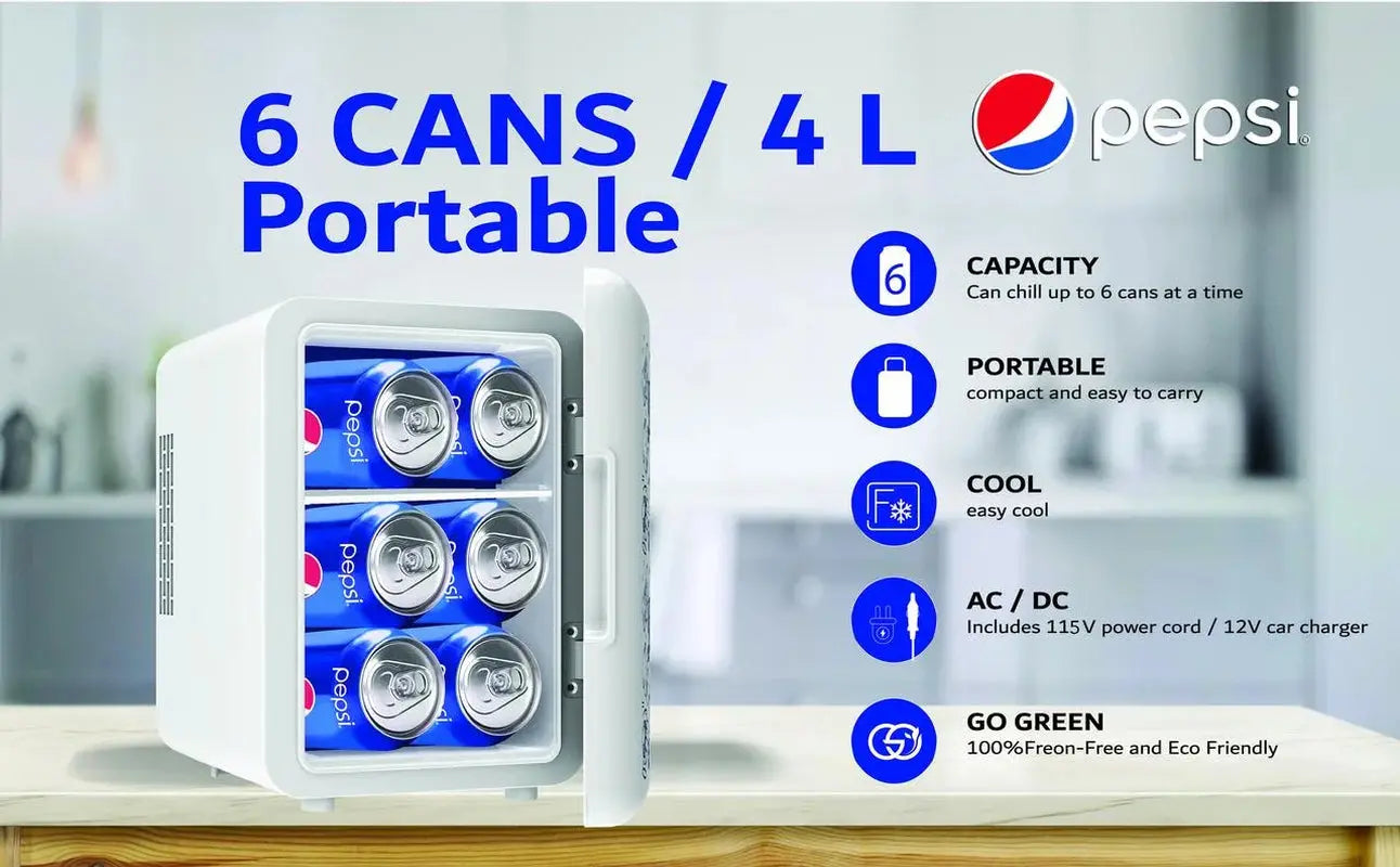 Pepsi, MIS150 6 Can / 4 Liters Mini Personal Fridge Cooler, up to 20° F with 12V Car Adaptor, Thermoelectric Cooling System | Fridge.com