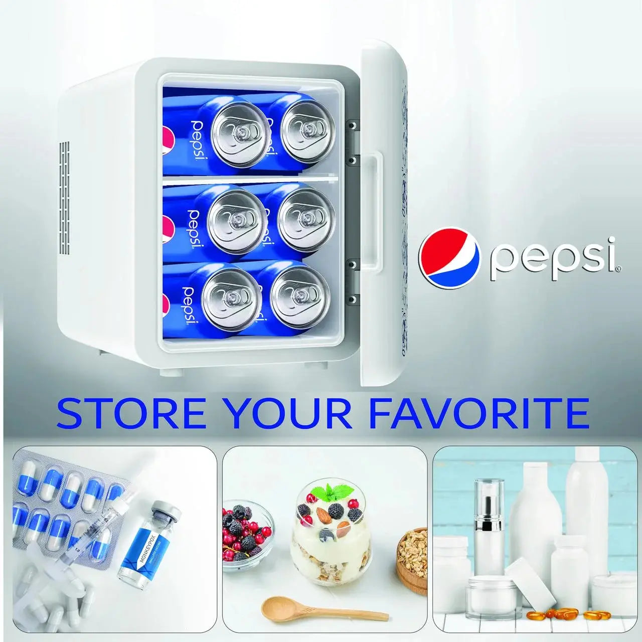 Pepsi, MIS150 6 Can / 4 Liters Mini Personal Fridge Cooler, up to 20° F with 12V Car Adaptor, Thermoelectric Cooling System | Fridge.com