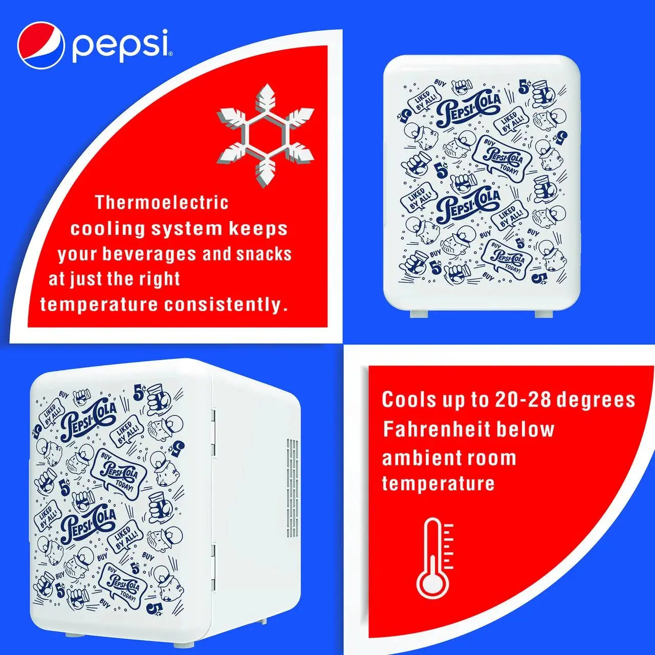 Pepsi, MIS150 6 Can / 4 Liters Mini Personal Fridge Cooler, up to 20° F with 12V Car Adaptor, Thermoelectric Cooling System | Fridge.com