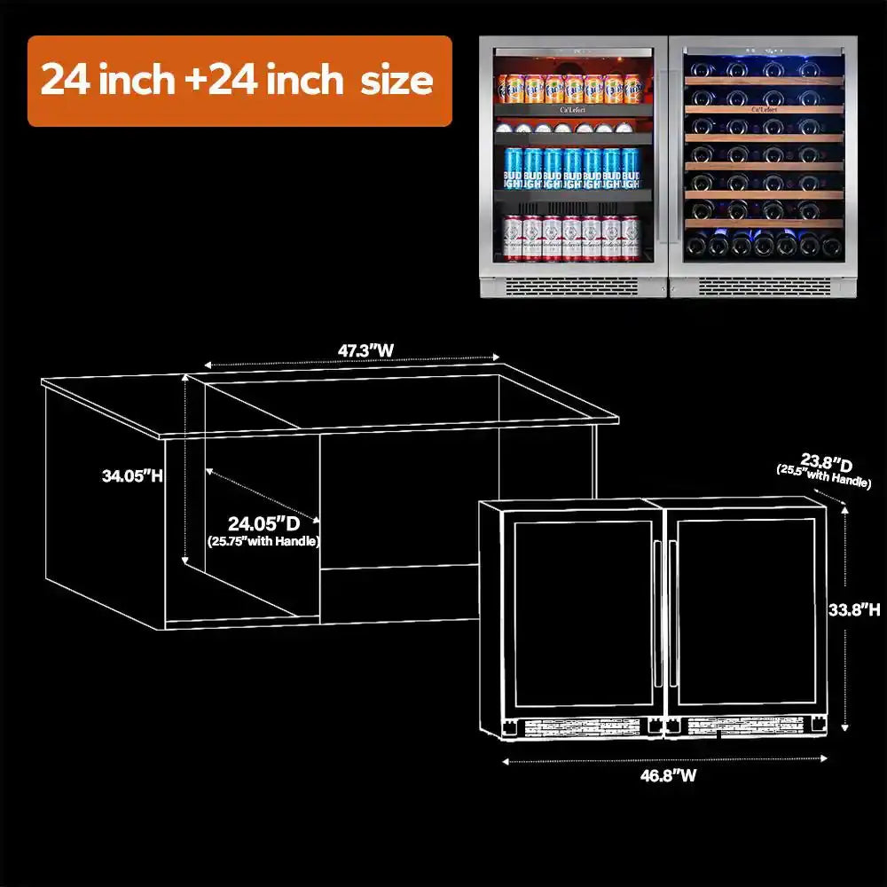 48 In. Dual Zone 54-Wine Bottles & 220-Cans Beverage & Wine Cooler Side-By-Side Built-In Refrigerator in Stainless Steel | Fridge.com