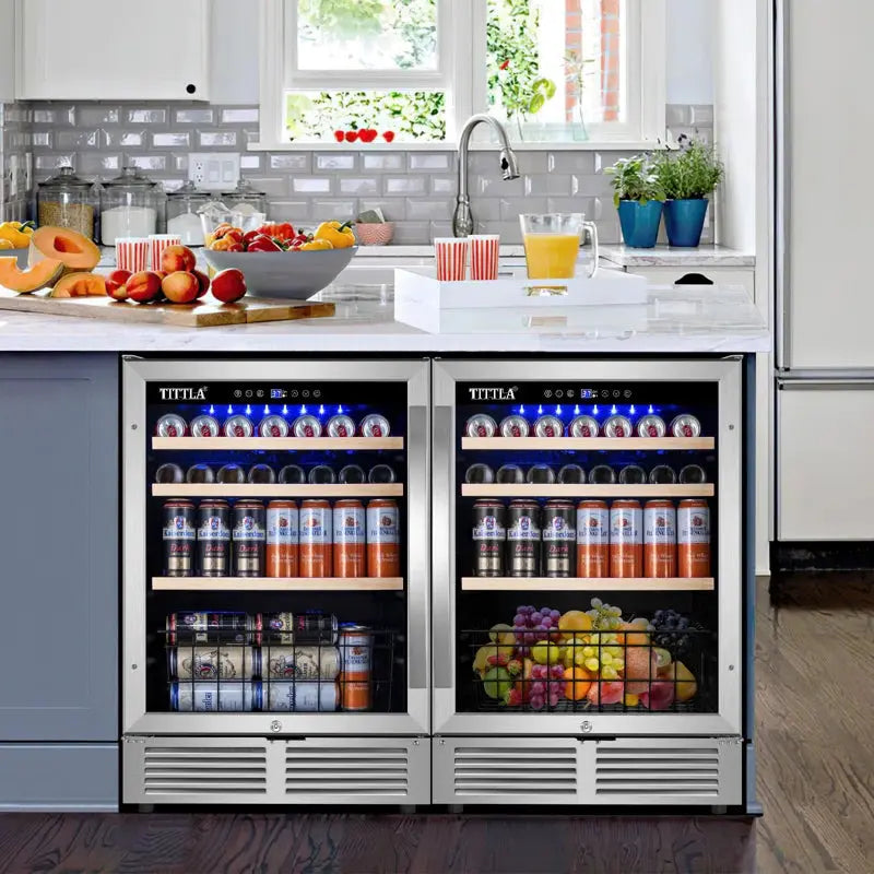 48" Beverage Refrigerator 300 Can Dual Zone Built-In Split Beer Cooler with Four Handles | Fridge.com