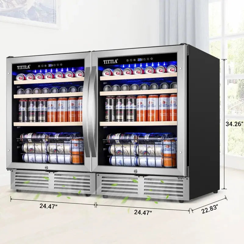 48" Beverage Refrigerator 300 Can Dual Zone Built-In Split Beer Cooler with Four Handles | Fridge.com