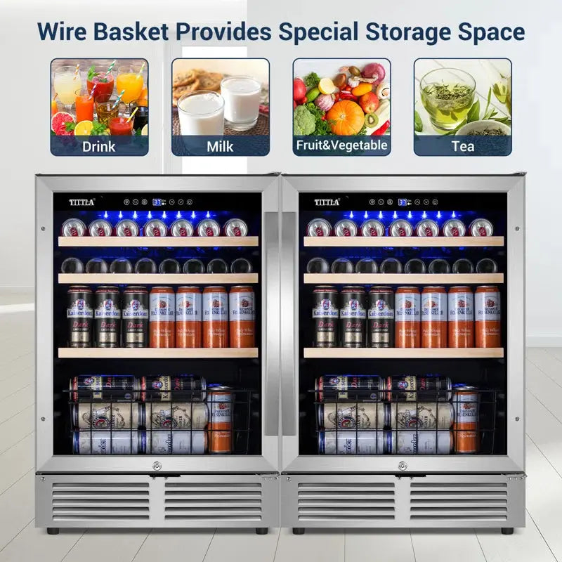 48" Beverage Refrigerator 300 Can Dual Zone Built-In Split Beer Cooler with Four Handles | Fridge.com