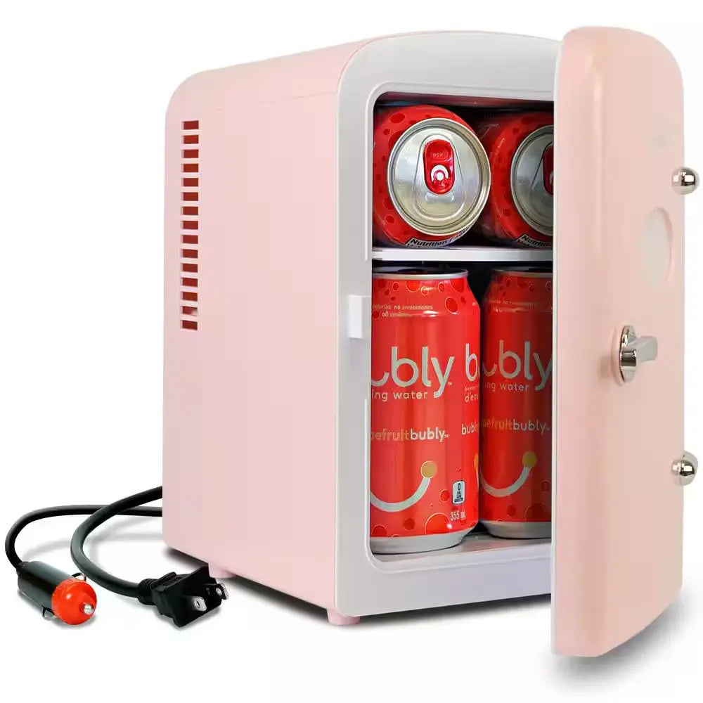 4L Retro Portable Mini Fridge With12V DC and 110V AC Cords, 6 Can Personal Cooler, Pink | Fridge.com