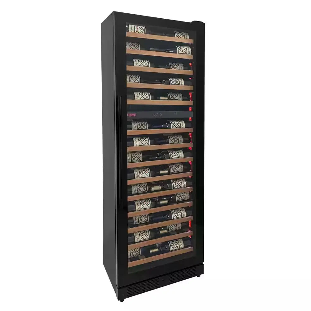 67-Bottle 71 In. Tall Dual Zone Right Hinge Digital Wine Cellar Cooling Unit in Black with Wood Front Shelves | Fridge.com