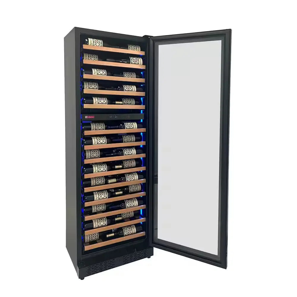 67-Bottle 71 In. Tall Dual Zone Right Hinge Digital Wine Cellar Cooling Unit in Black with Wood Front Shelves | Fridge.com