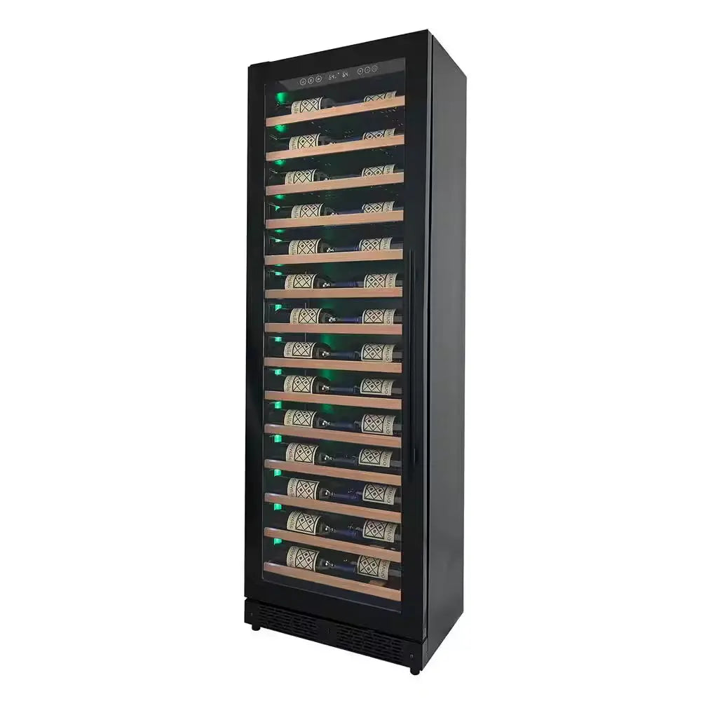 67-Bottle 71 In. Tall Single Zone Left Hinge Digital Wine Cellar Cooling Unit in Black with Wood Front Shelves | Fridge.com