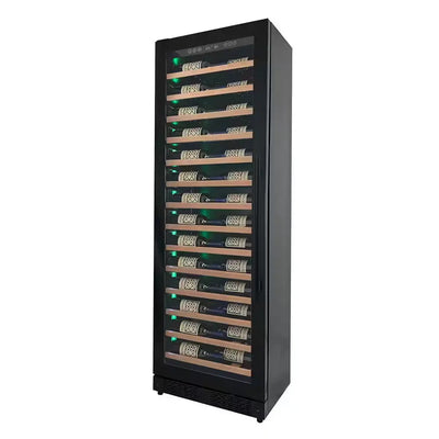 67-Bottle 71 In. Tall Single Zone Left Hinge Digital Wine Cellar Cooling Unit in Black with Wood Front Shelves | Fridge.com