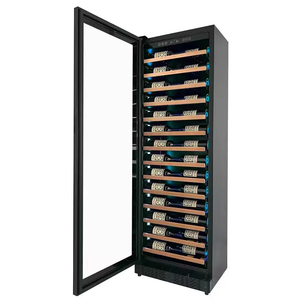 67-Bottle 71 In. Tall Single Zone Left Hinge Digital Wine Cellar Cooling Unit in Black with Wood Front Shelves | Fridge.com