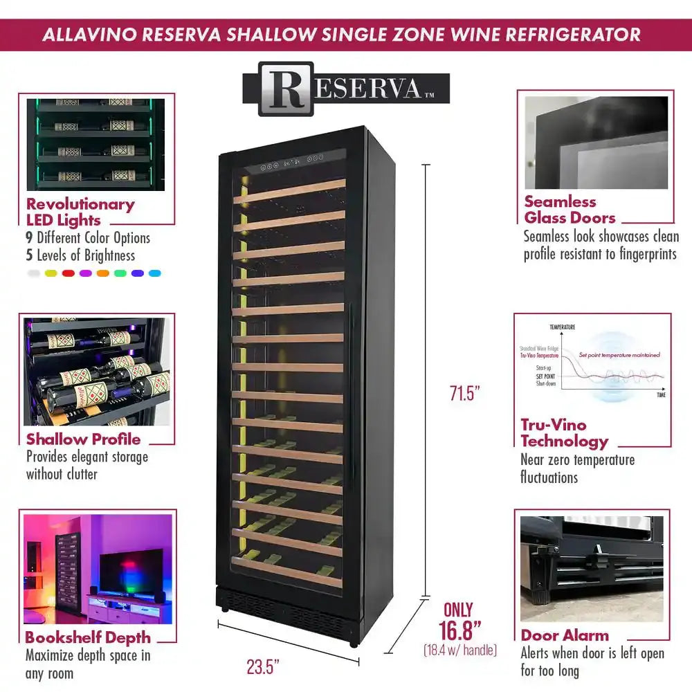 67-Bottle 71 In. Tall Single Zone Left Hinge Digital Wine Cellar Cooling Unit in Black with Wood Front Shelves | Fridge.com